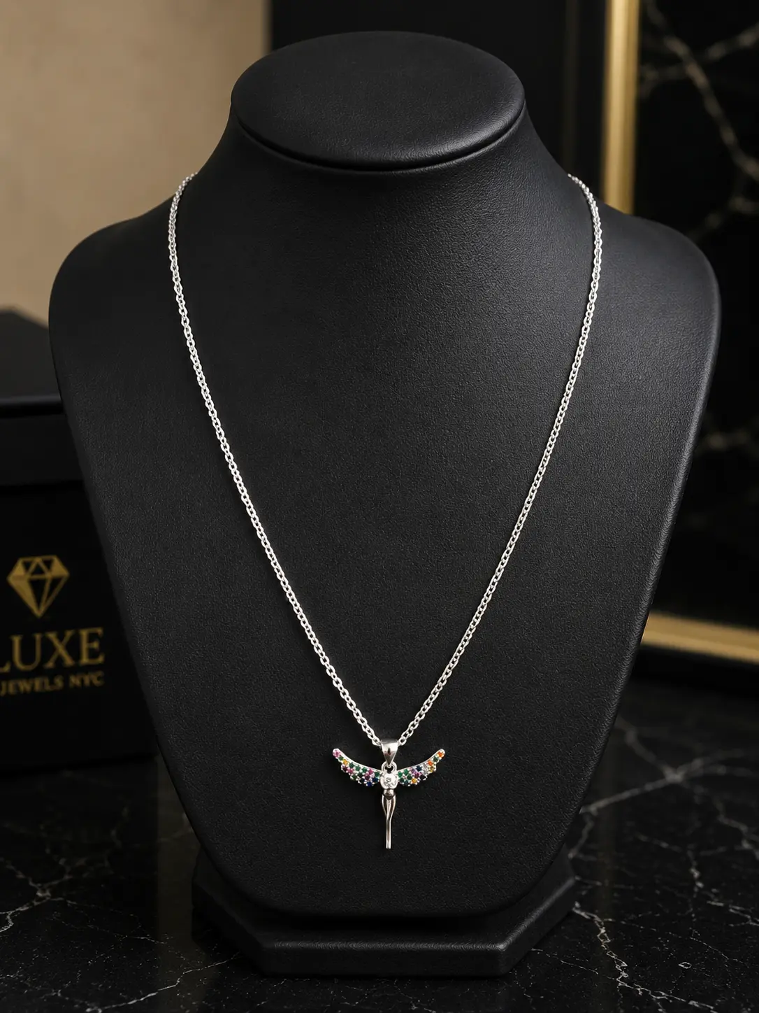 14k White Gold 18in 2.5mm Chain with Multi Color VVS CZ Angel Pendant