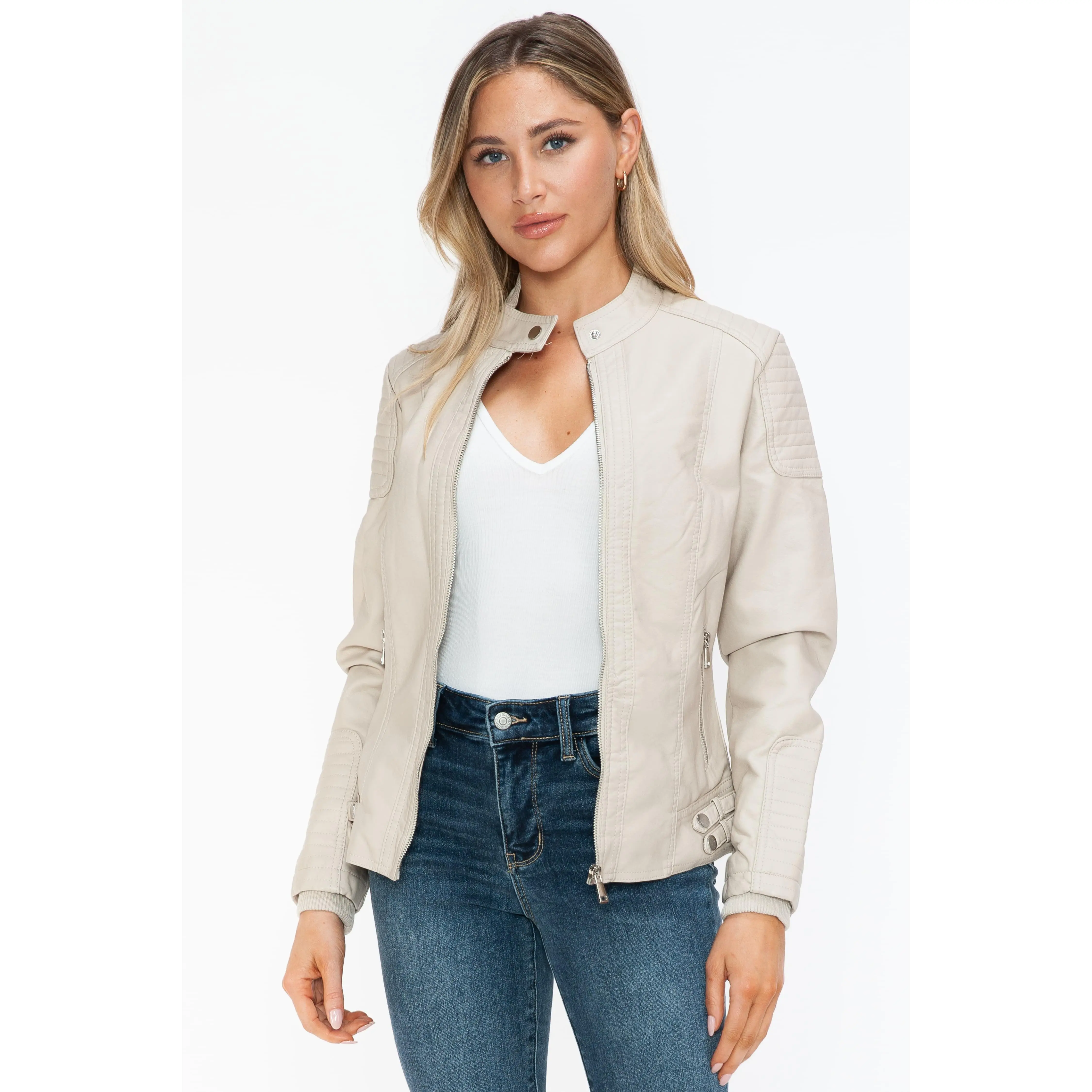 Snobbish Faux Leather Biker Jacket with Side Zip Pockets Basic Womenswear