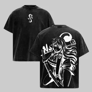 Vintage Nami Graphic Tee Washed Heavy Cotton Anime Shirt, Oversized Unisex One Piece Manga Streetwear, Double Sided Japanese Anime Apparel for Men Women, Retro Acid Wash Weeb Gift Top, Pirate Lightning Girl Wano Kunoichi Merch, Y2K Trendy Clothing