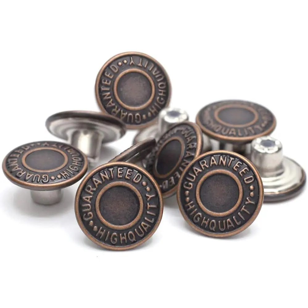 17mm Red Copper Brass Metal Tack Buttons - 12 Sets No-Sew Easy Installation Replacement Kit with Brass Metal, Synthetic Components for Jeans, Heavy Fabrics, Suspenders