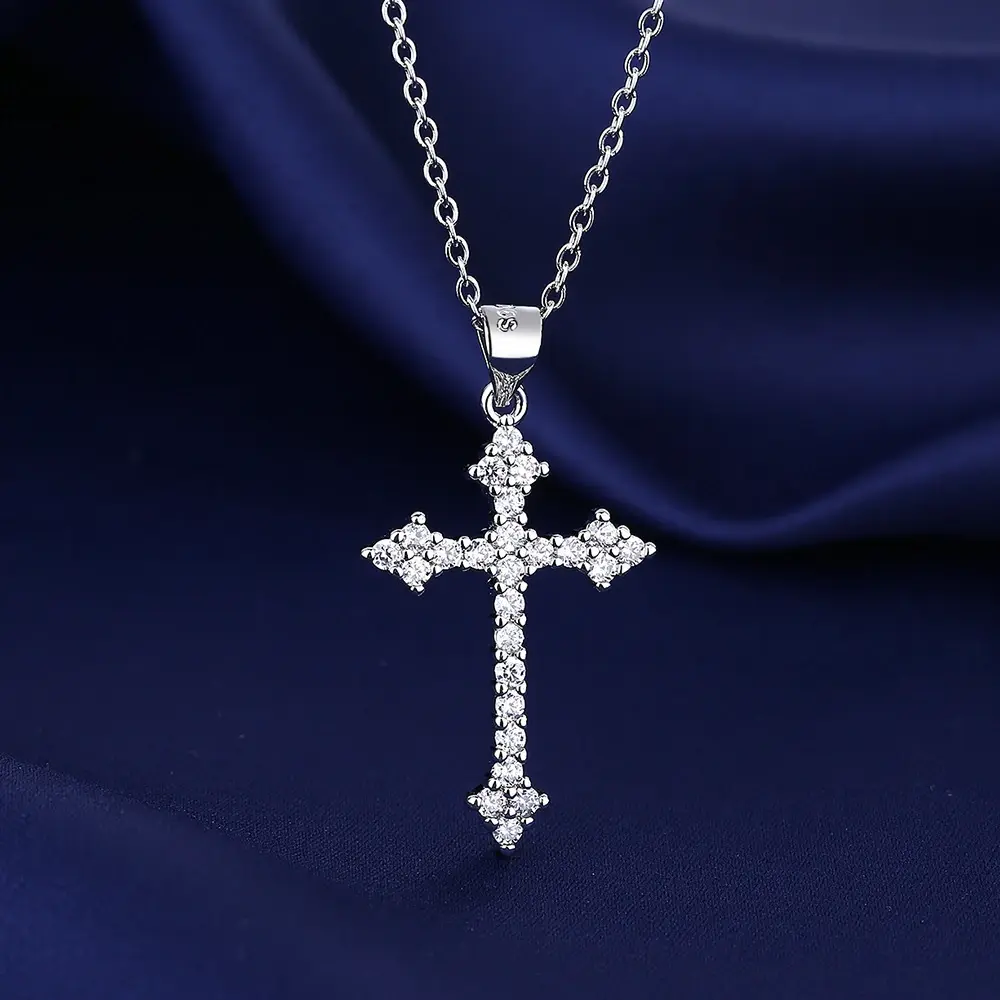 Fashion cross pendant necklace, 925 silver moissanite cross necklace for men and women, Gothic Christian pendant chain, faith luck necklace, retro style daily wear and holiday jewelry