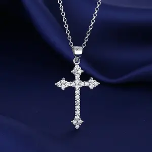 Fashion cross pendant necklace, 925 silver moissanite cross necklace for men and women, Gothic Christian pendant chain, faith luck necklace, retro style daily wear and holiday jewelry
