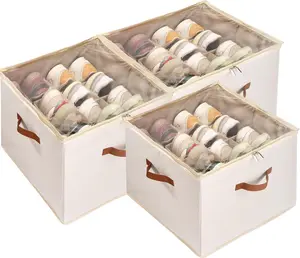 Shoe Organizer for Closet, 3 Pack Shoe Storage Bins with Clear Cover, Adjustable Dividers Fits 24-48 Pairs, Beige