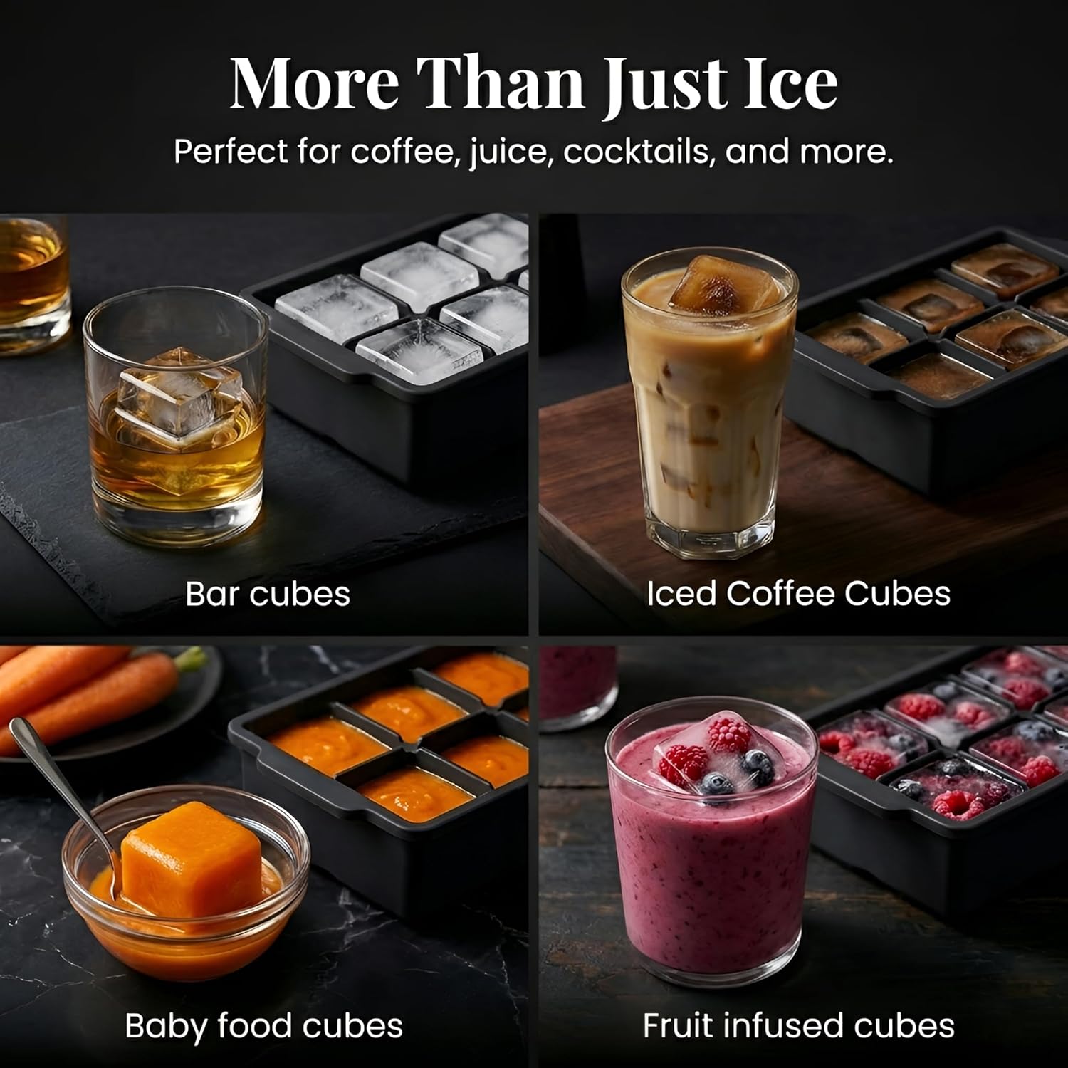 Large Silicone Ice Cube Tray 2 Pack Easy Release 2 Big Ice Cubes for Cocktail Whiskey with Lid Stackable Freezer Mold