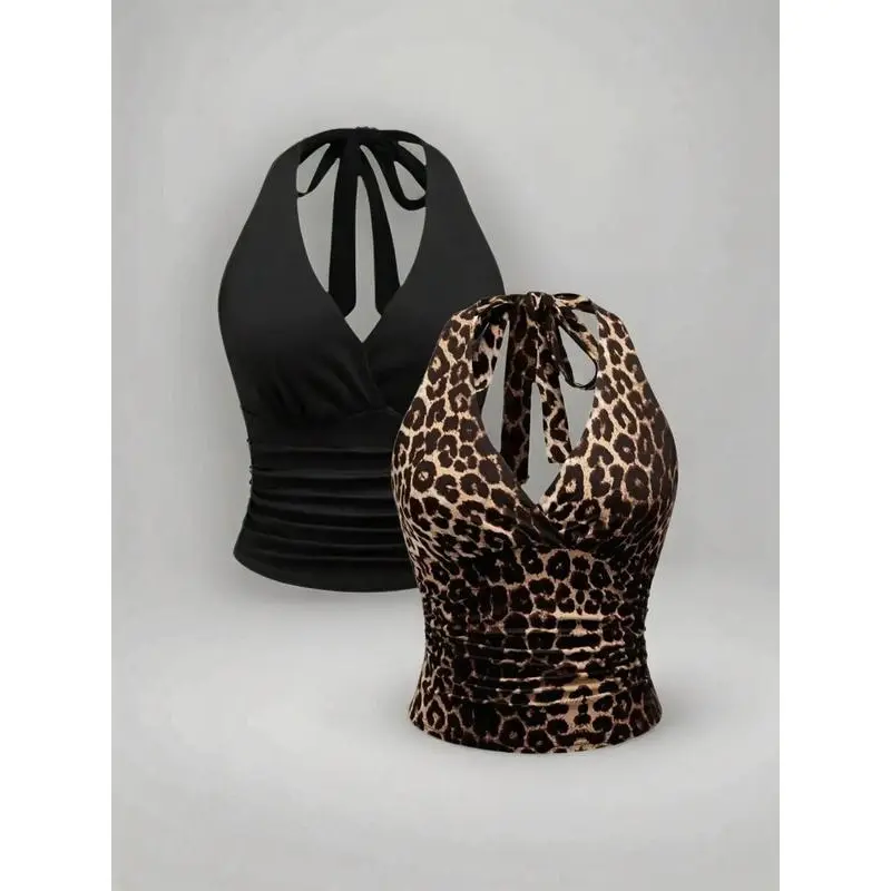 Women's Solid Color/leopard Print Halter Backless Top, Slim Casual Fitted Boho Chic Sleeveless Tie Top for Spring & Fall, Ladies Clothes for Daily Wear, Going Out Tops, Womenswear, Crop Tops, Casual Sleeveless Tank Top, Halter Tank Tops Piece Polyester Ha