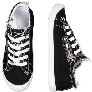 Women's Canvas Sneakers with Arch Support, Side Zipper Detail, Black and White, Distressed Style