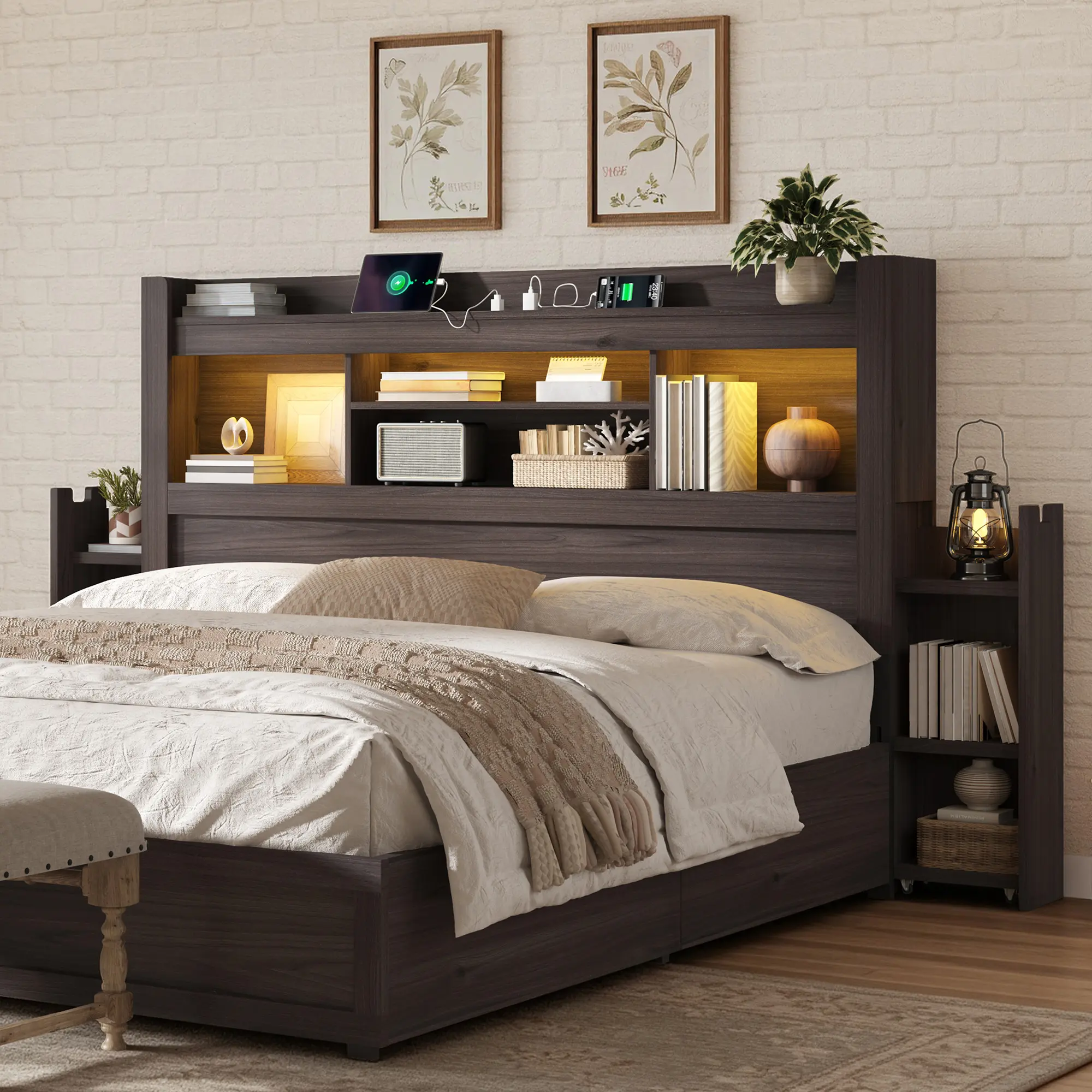 AMERLIFE Wood Headboard ONLY with Storage, 48.4" Farmhouse Bookcase Headboards, 2 Rolling Side Racks, Open Shelves, RGB LED, Charging Station