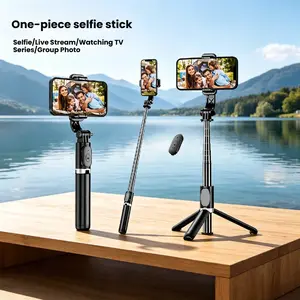 Tripod with Bluetooth remote control selfie stick, integrated retractable phone stand, supports selfies/group photos/live streams/short videos, 360 ° rotation, lightweight and portable travel style Rotatable