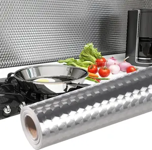 Kitchen Wallpaper Oil Proof Sticker Aluminum Foil Backsplash Self-Adhesive Contact Paper Cabinet Liner Waterproof Heat Resistant Peel Stick Wallpaper 15.7X118 Inches Cube Texture Silver Non-Woven