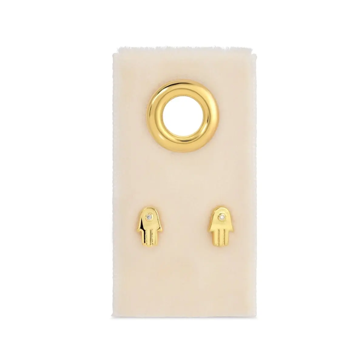 Elegant Gold Hamsa Stud Earrings with Cubic Zirconia Stone, Velvet Tag Design, for Spiritual Inspiration