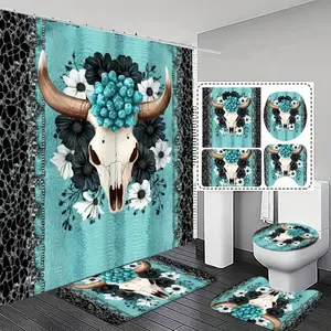 1/4 pc Retro Blue-Green Bull Head Pattern Shower Curtain Set, includes a non-slip mat, U-shaped rug, and toilet seat cover. Perfect for bathroom décor, beautifying the space. Comes with 12 shower curtain hooks. Bathroom Decoration Accessories