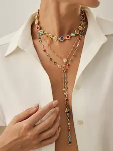 Boho Style Alloy Chain Necklace Set, Statement Necklace, Unique Crystal Pendants, Colorful Jewelry for Women, Casual Daily Wear & Holiday Gifts