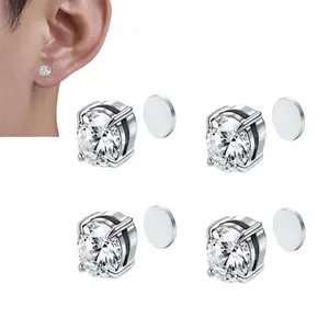 High Quality Clip-On Magnetic Stud Earrings, 2 Pairs Surgical Steel Non-Piercing Unisex 6mm Cubic Zirconia Cross Earrings for Adults, Surgical Steel Earrings, High Quality Earrings