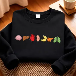 [Made in USA] Cute Anatomy Organs Sweatshirt, Kawaii Human Organ Graphic Crewneck Pullover, Funny Medical Student Anatomy Shirt, Cartoon Body Parts Sweatshirt, Nurse Doctor Gift For Med Students