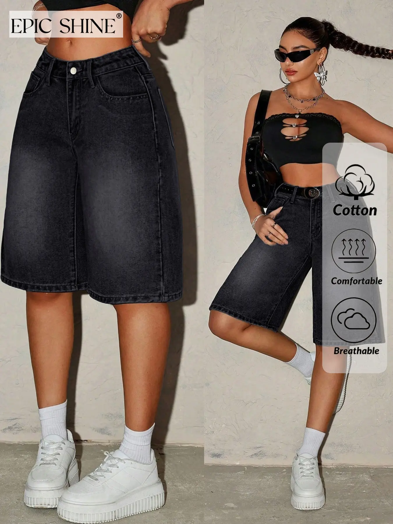 Women's High-Waisted Washed Ripped Wide-Leg Oversized Bermuda Shorts, Basic Bottom, European Streetwear Style Denim Jeans, Slimming Fit, Versatile and Chic, Statement, Summer Everyday Wear, Casual Fit Shorts