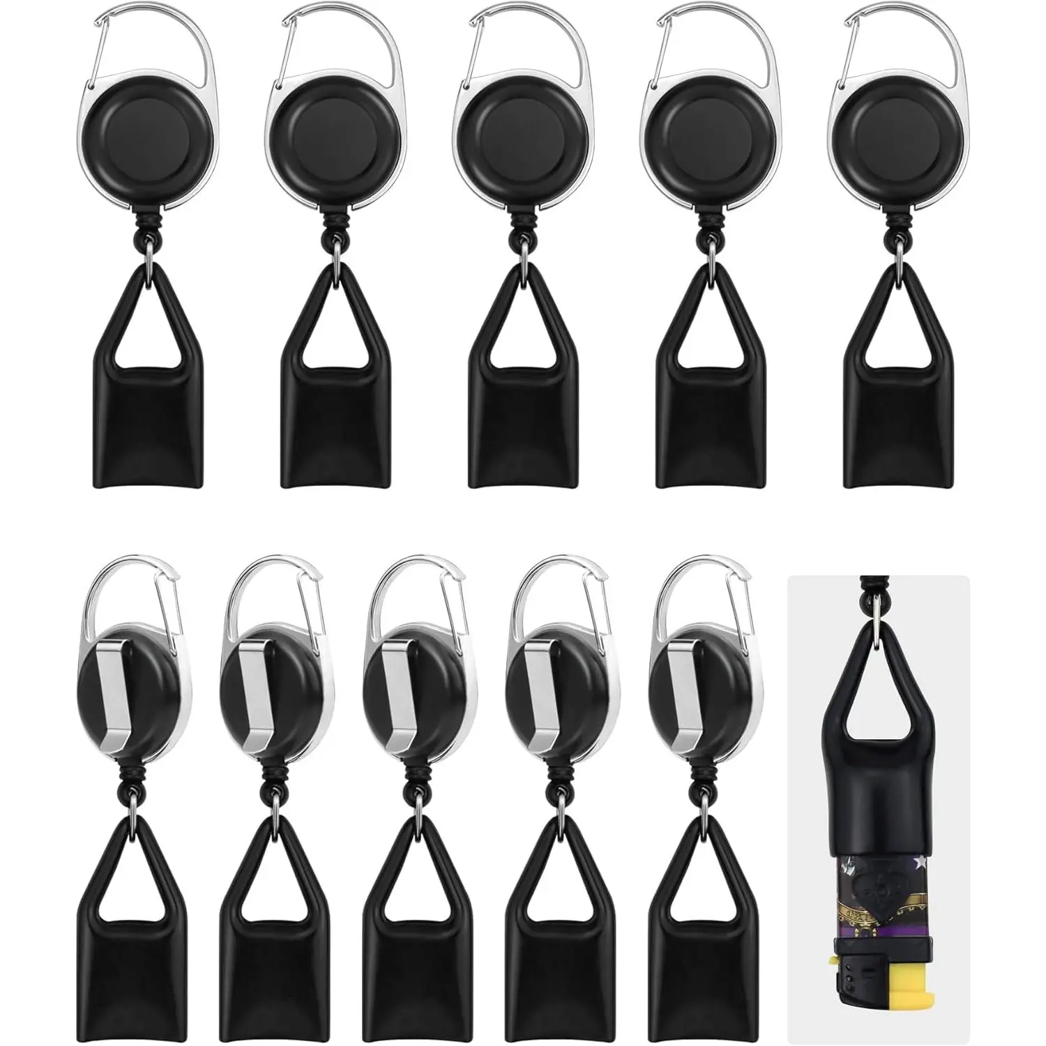 10-Pack Retractable Lighter Leash with Clip, Keychain Lighter Accessory with Holder (Black)
