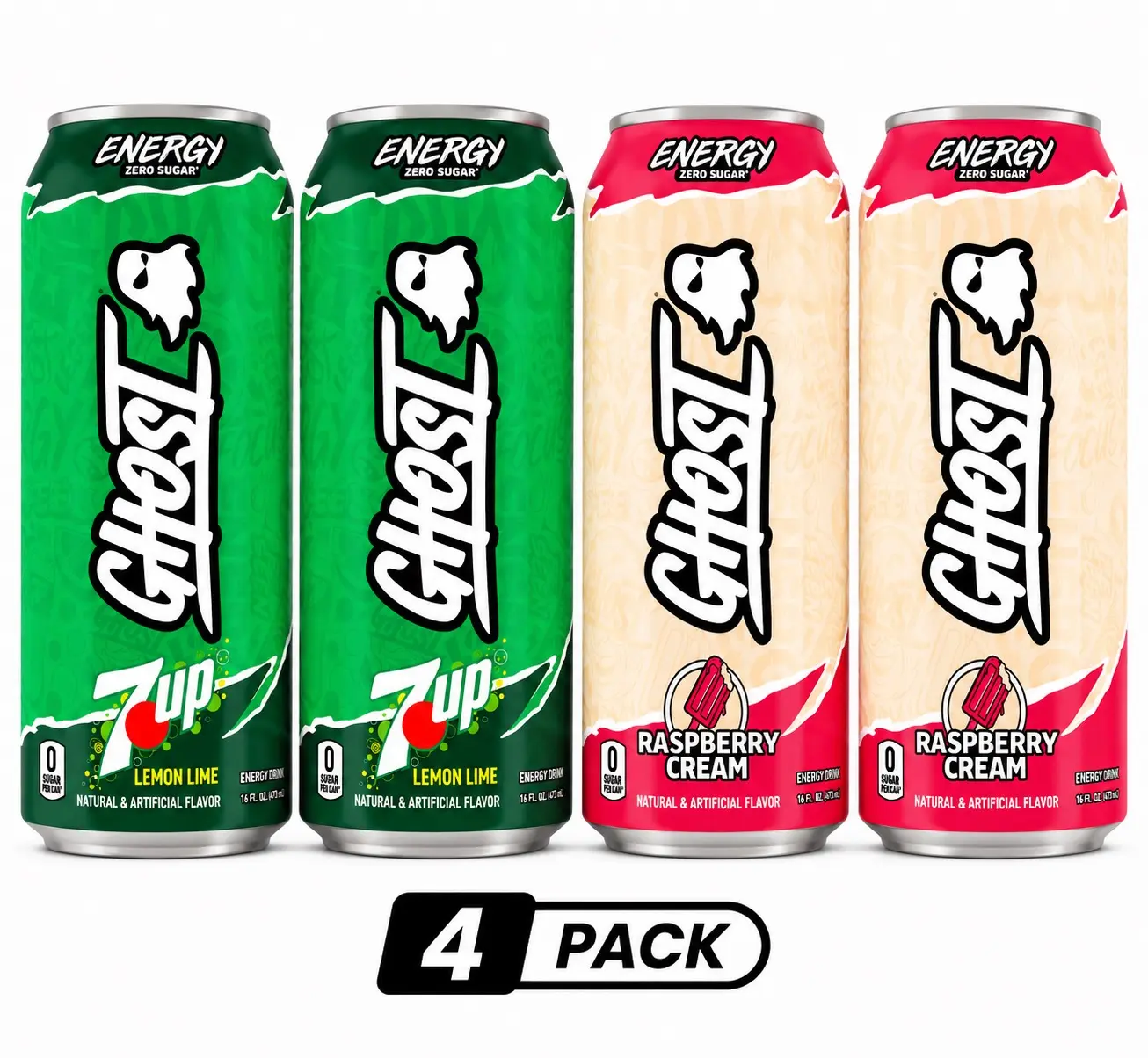 GHOST Caffeinated Sports Energy Drink 4-Pack Beverage - 2 Lemon Lime, 2 Raspberry Cream - 0 Sugar