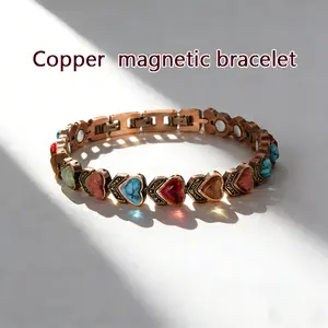 Women's Heart-Shaped Magnetic Copper Bracelet with Natural Gemstones – Adjustable Trendy Bohemian Jewelry, Energy Balance Therapy Accessory & Ideal Gift