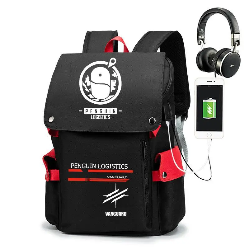 Arknights Penguin Logistics Vanguard Flap Backpack, Teens Black Red Oxford Backpack With USB Charging & Headphone Port