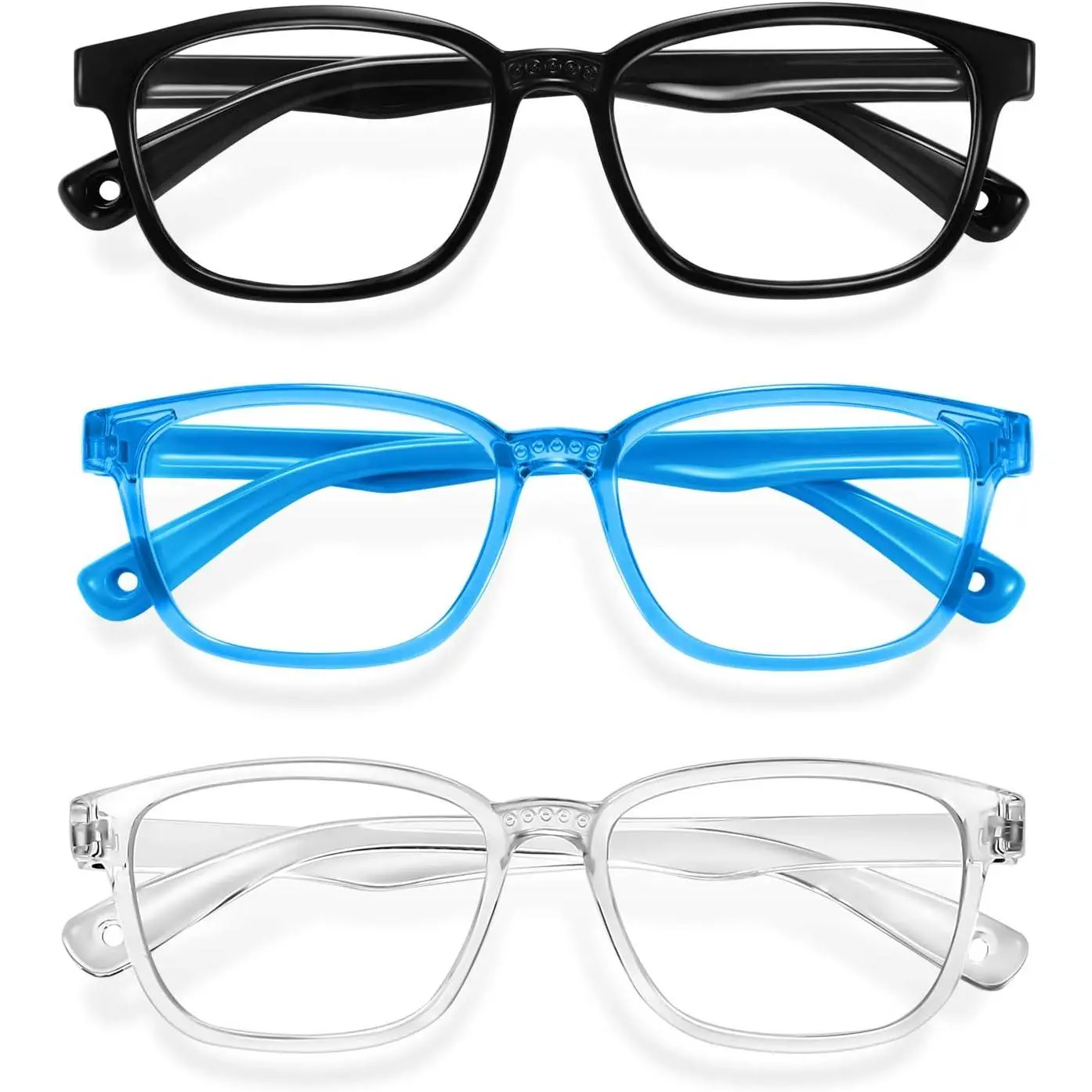 ST-48 Blue Light Glasses for Kids 3 Pack Anti Glare & Eye Strain Glasses Computer TV Phone Tablets UV Protection Glasses for Kids Boys Girls Age 3-12(Black + Transparent blue + Transparent)