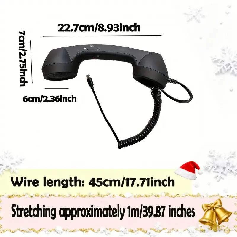 Portable USB Type-C Retro Phone Microphone - External Plug-and-Play C-Port Audio Device, Ergo Shape Design, Flexible Use, Compact, Ergonomic, Multiple Colors, 22.7x6cm, 45cm Wire, 1m Compatible Range