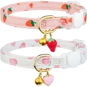 2 Pack Cotton Breakaway Cat Collar for Kitten, Cute Design with Pink Strawberries, White Heart Shaped Pendant and Bell