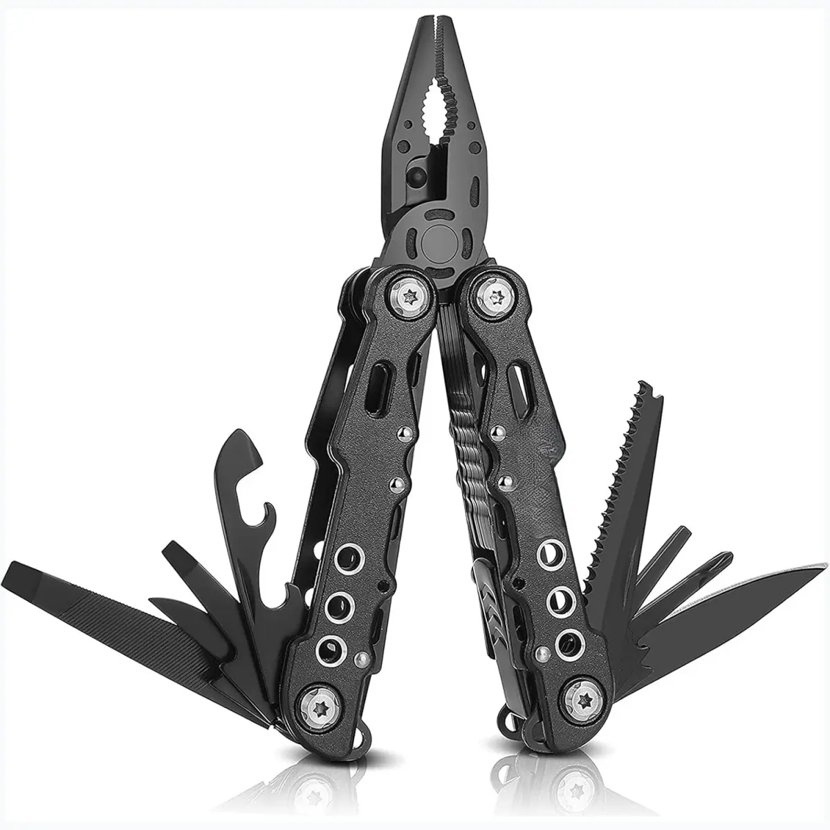 12-in-1 Stainless Steel Multitool Pliers with Safety Lock, Compact Portable Pocket Knife, Screwdrivers, Saw, Bottle Opener, Durable Sheath, Ergonomic Arc Design & Comfortable Grip – Gifts for Men for Camping, Fishing, Simple Repair