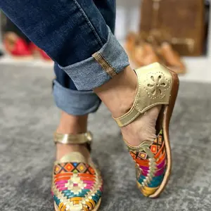 Leather Huarache Hecho en Michoacan Colorful Woven Design with Gold Ankle Strap for Comfortable Wear and Stylish Footwear