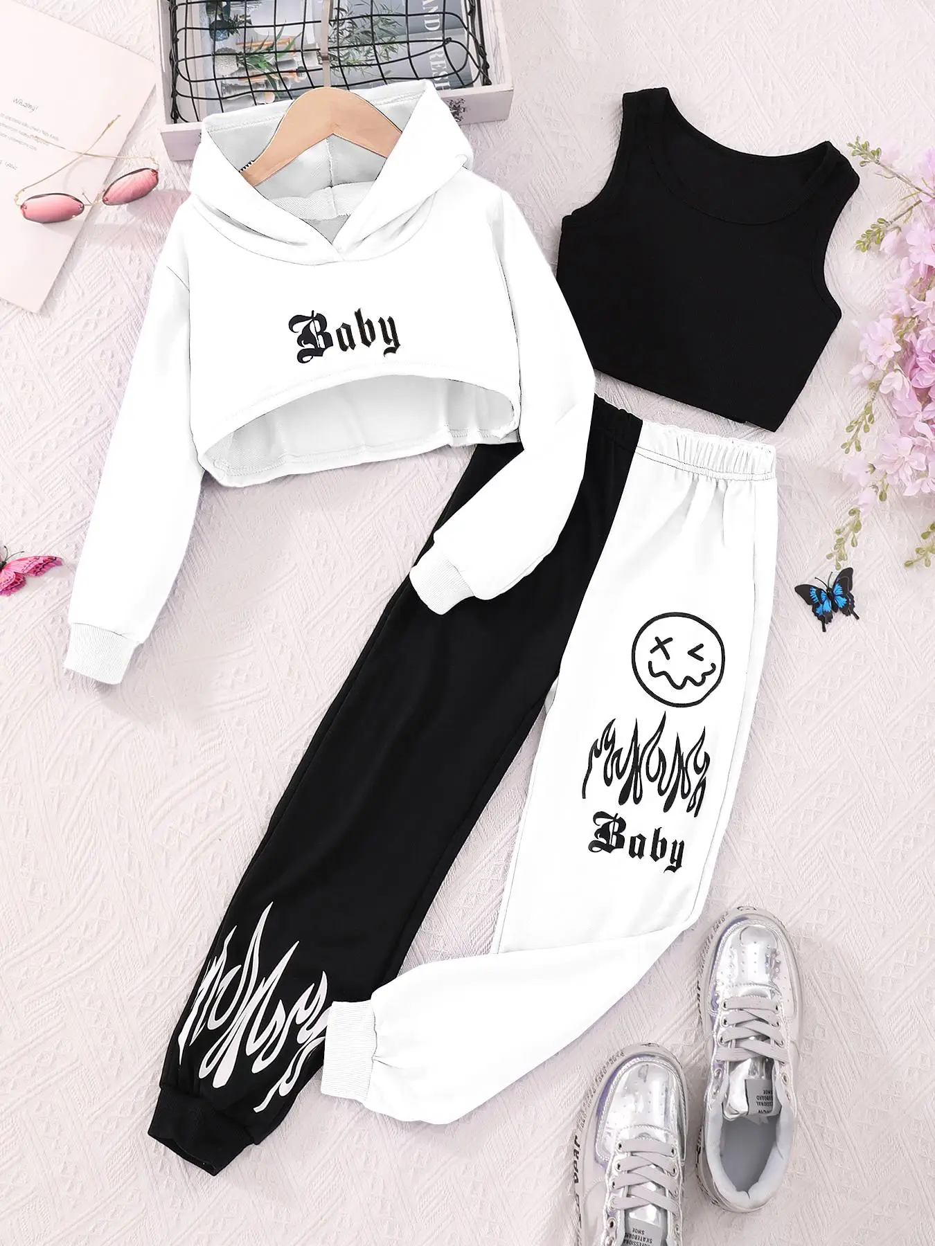 Girl's Letter & Cartoon Face Print Three-piece Set, Asymmetrical Hem Crop Hoodie & Colorblock Sweatpants & Plain Crop Tank Top Set, Casual Hooded Swea