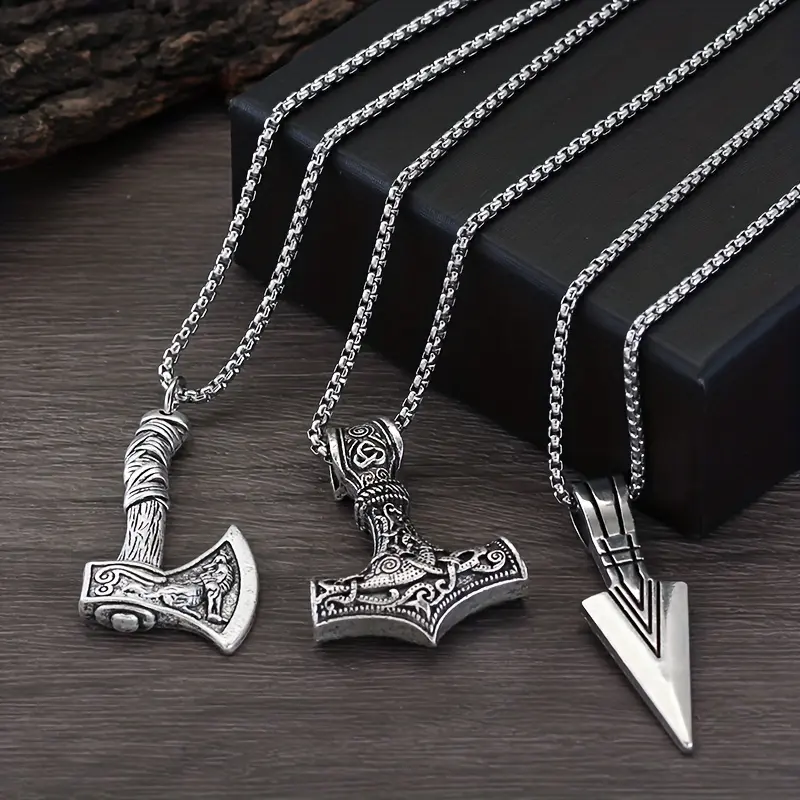 3-Piece Viking Necklace Set for Men, Stainless Steel Norse Pendants with Mjolnir Hammer, Vegvisir Compass & Wolf Axe, Long Hypoallergenic Chain Jewelry Gift for Bikers, Daily