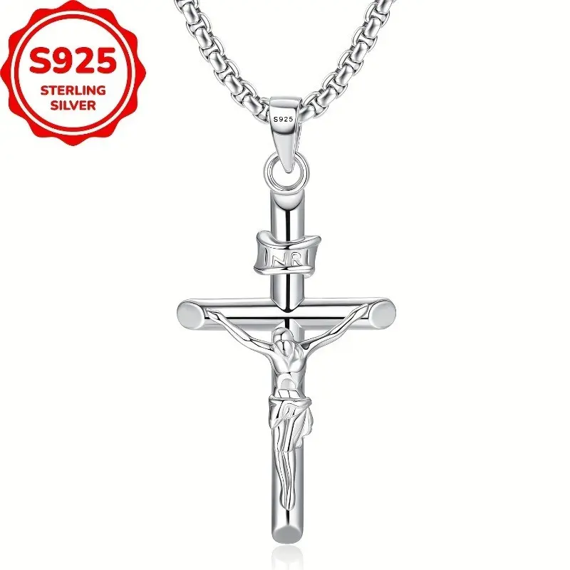 925 Pure Silvery Cross Necklace 925 Pure Silvery Rollo Chain Cross Pendant Necklace Christian Religious Decoration Gift, Faith Jewelry, Dedication Gift