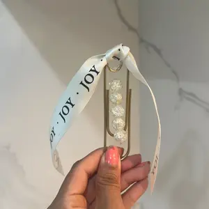 Handmade Paper Clip Bookmark with Glass Beads Unique Design for Book Lovers Featuring JOY Ribbon and Sparkling Beads