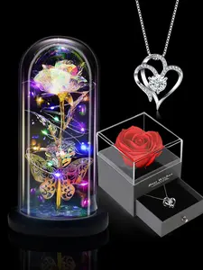 2 Piece Gifts Set for Women,  Light Up Rose in Glass dome -Preserved Rose with Heart Necklace,Gifts for Mom boyfriend Wife Women Sister Grandma Girlfriend Her, Mothers Gifts Day from Daughter Son Birthday Christmas Valentines Day rose box