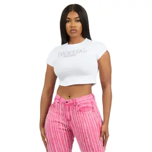 Erikka White Rhinestone Crop Baby Tee Shirt