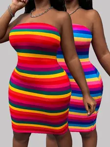 【Plus Size】 Rainbow Stripe Print Tube Dress & Stripe Print Crop Top, Casual Fashion for Daily Outdoor Wear, Women Plus Clothing for Summer