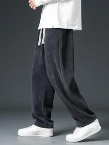 men's plain pocket drawstring waist corduroy sweatpants, fashionable loose baggy straight leg pants for men, fall pants for men, streetwear trousers menswear, lazy drippy outfits going out outfit, fallfreshness clothes pantaloons