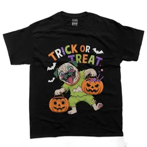 Trick Or Treat Pug Horror Halloween T-Shirt, Soft Touch, Feels Like a Favorite, Essential Piece, Fits Any Wardrobe