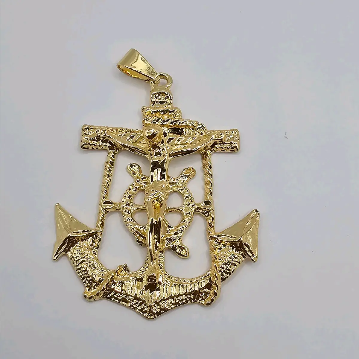 ANCHOR WITH CHRIST ON THE CROSS gold-plated pendant only NO CHAIN