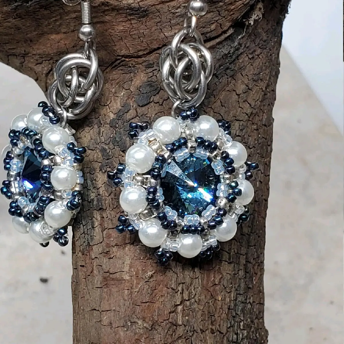 Beaded and Chainmaille Crystal Earrings, Blue and white crystal earrings, Stainless steel earrings