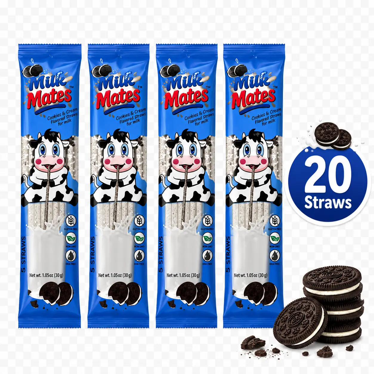 Mild Cookies and Cream Milk Flavoring Straws for 7 oz Glass of Milk – 4 Packs of 5 Straws (20 Total) – Flavor Straws for Milk -  Light, Creamy Cookie Taste