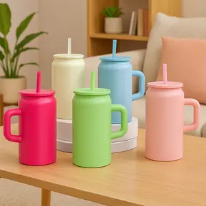 16oz Insulated Mug with Handle and Straw, Thermo Tumbler, Vacuum Insulated Tumbler, Leak-Proof Double Wall Stainless Steel, Hot Cold Drink Tumbler for Daily Use, Colorful Lightweight Thermal Cup for Kids and Adults, 12H Hot 24H Cold