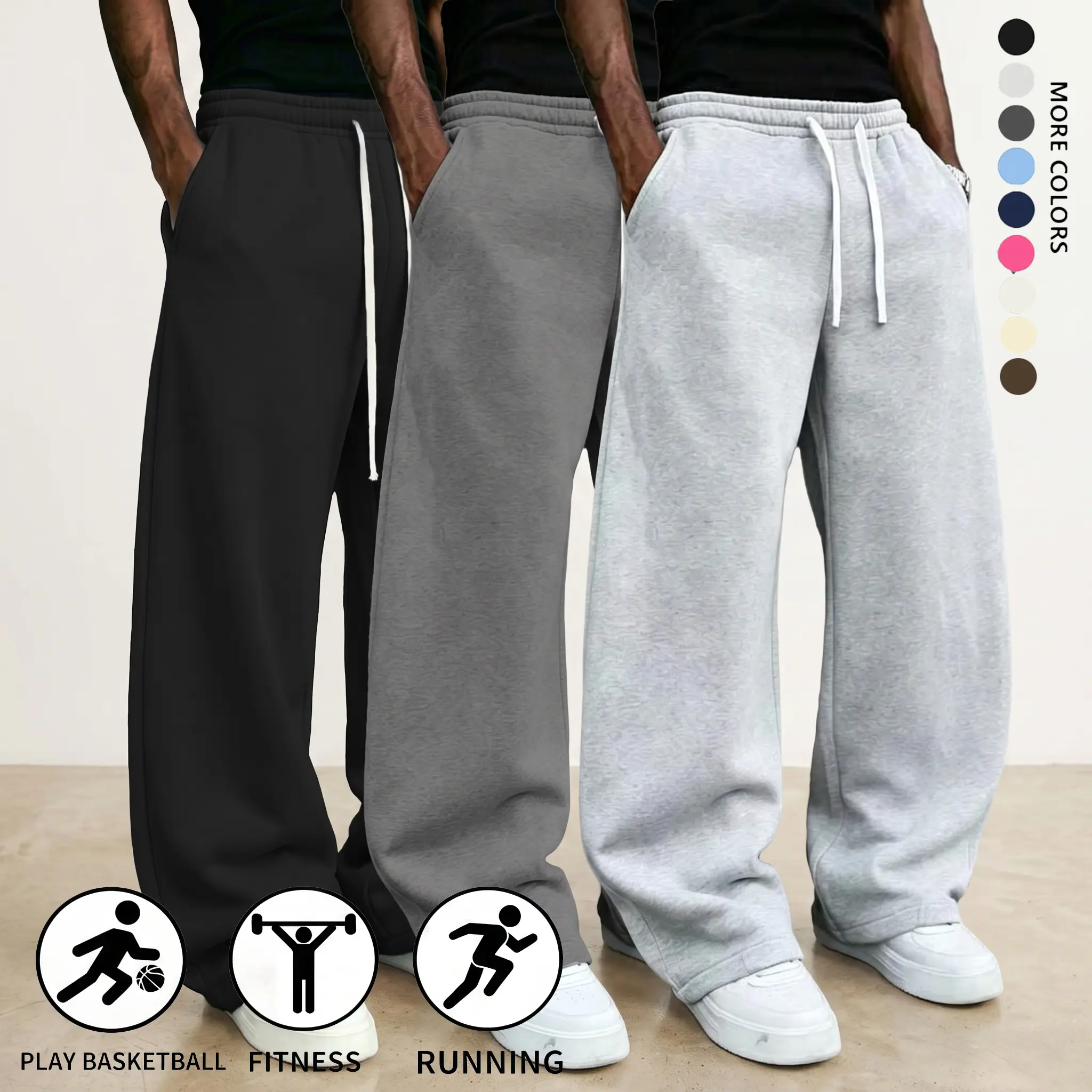 Men's 3-pack athletic pants, beige wide-leg loose fitsweatpants with drawstring waist, ultra-soft men's apparelsuitable for running and fitness, fashionableactivewear/clothing, sports casual workout pants, loosejogging pants, 100% polyester, lightwe