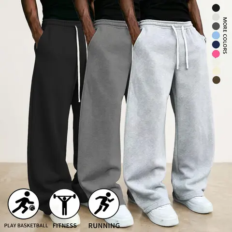 Men's 3-pack athletic pants, beige wide-leg loose fitsweatpants with drawstring waist, ultra-soft men's apparelsuitable for running and fitness, fashionableactivewear/clothing, sports casual workout pants, loosejogging pants, 100% polyester, lightwe