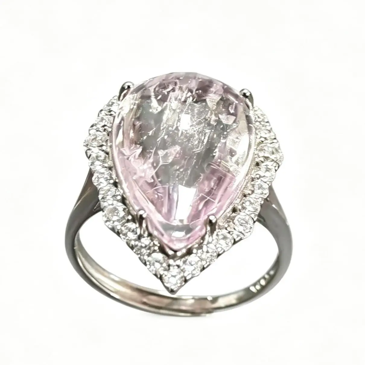 Natural Pink Kunzite 925 Silver Adjustable Open Band Ring - 17.7×12mm Large Teardrop Halo Accents, Sohochic, for Daily Wear