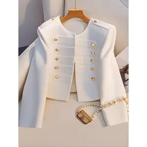 Women’s Satin Blazer Jacket, Round Neck, Casual, Front Metal Buttons, Long Sleeves, Fitted Outerwear, Suitable for Spring and Autumn Office Wear