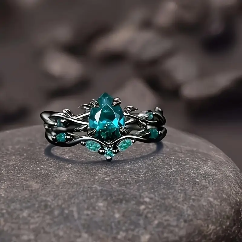 2pcs Gothic Alloy Engagement & Wedding Rings - Elegant Grape-Shaped Emerald Tree Branch Design, Symbolizing Eternal Love, Cubic Zirconia Accents, Suitable for Daily & Party Wear, Goth Rings, Cubic Zirconia Rings