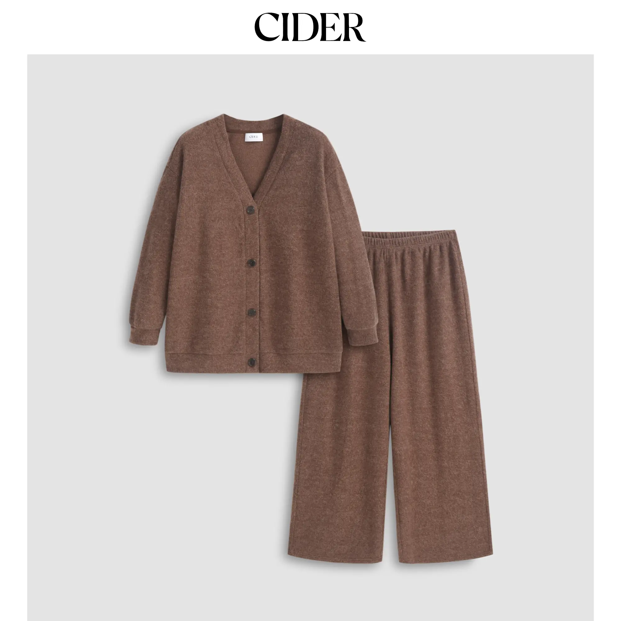 Cider Pajama Set for Curve & Plus, Casual V-Neck Ribbed Loungewear, 2-Piece Nightwear with Button Top & Flared Trousers, Home Outfits