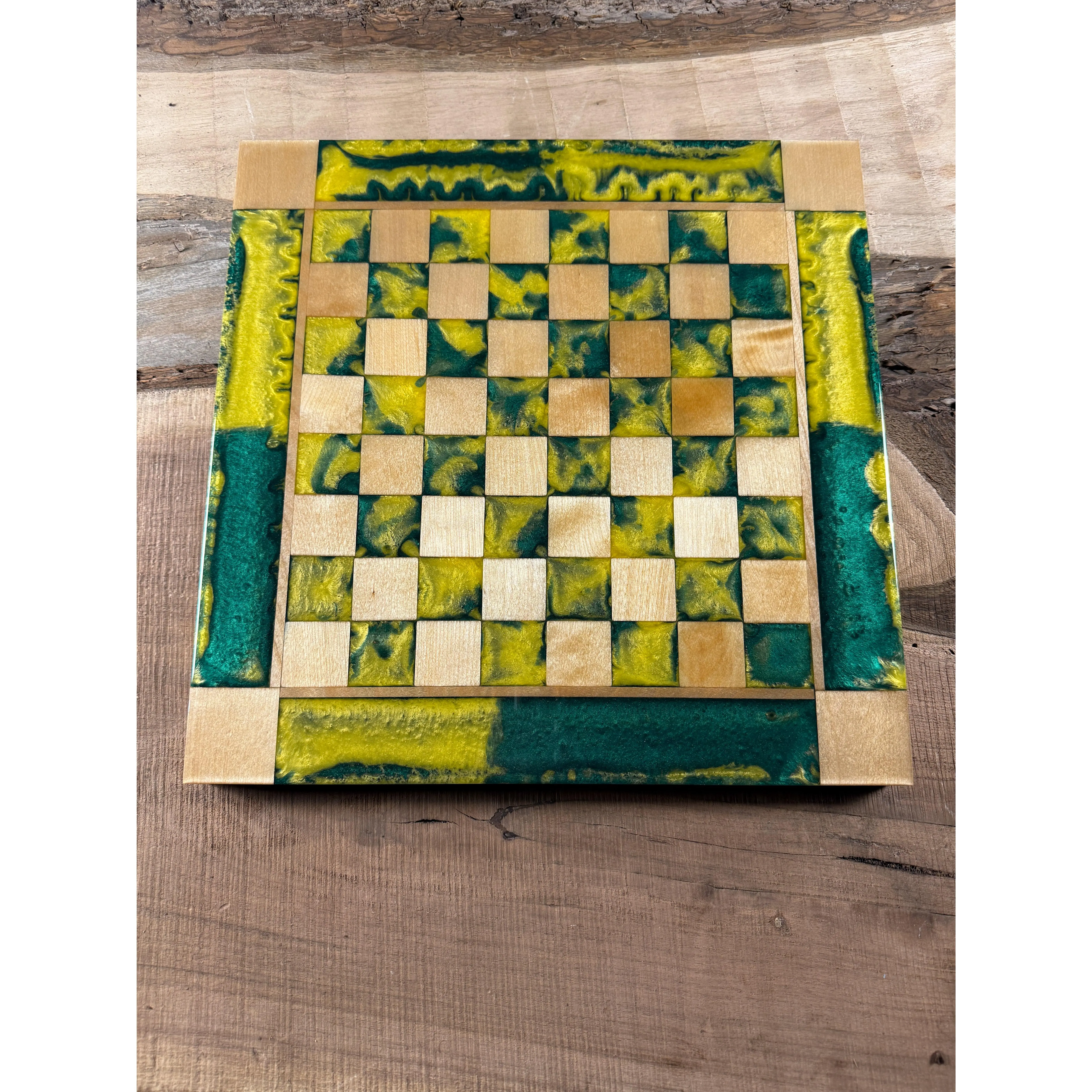 Vivid Golden Emerald Maple Wood Chess Board (Chess Set Included)