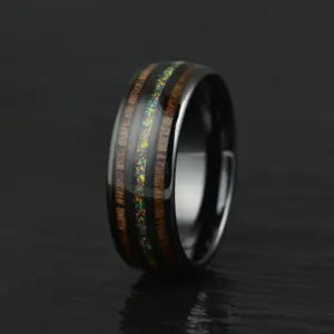 The Opalescence Ring - Opal Koa Wood Black Ceramic Men's Wedding Band 8MM