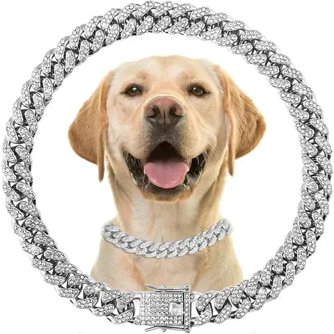 24-Inch Diamond Embellished Cuban Link Silver Collar for Large Dogs - Comfortable Fit Jeweled Neck Accessory, All-Seasons Glitter Bling Decorative Pet Supply